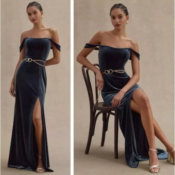 JENNY YOO Issa Off The Shoulder Stretch Velvet Column Gown French Blue Size 2 - Picture 1 of 10